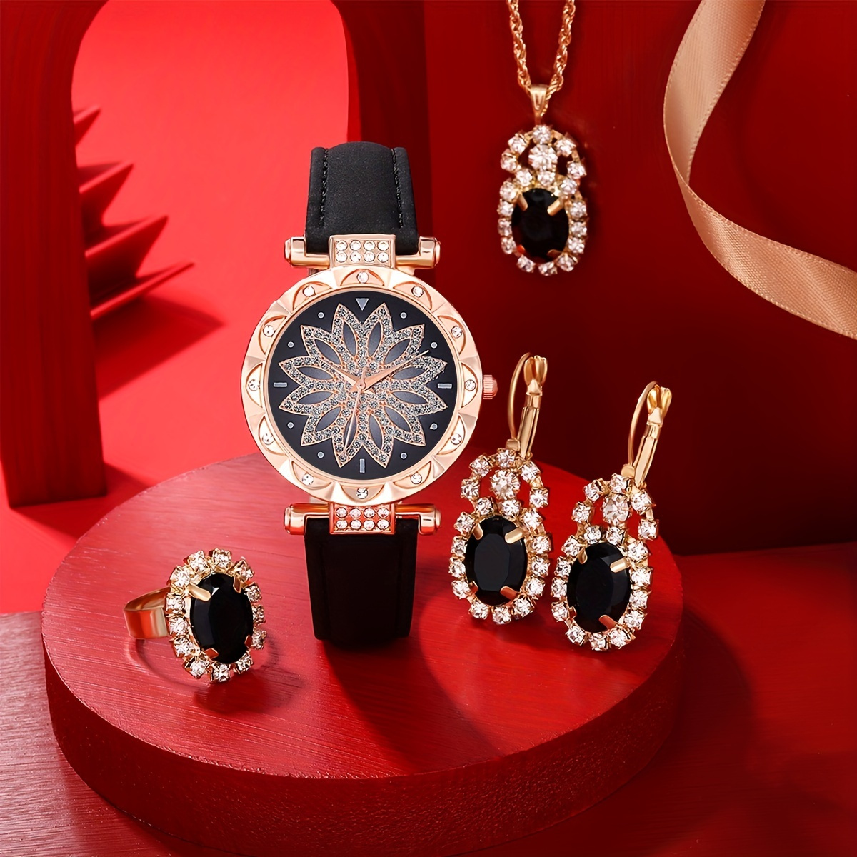 Luxury Watch Gift For Her - Luxuriöse Quarzuhr mit Strasssteinen, glänzende Blumen-Analoguhr