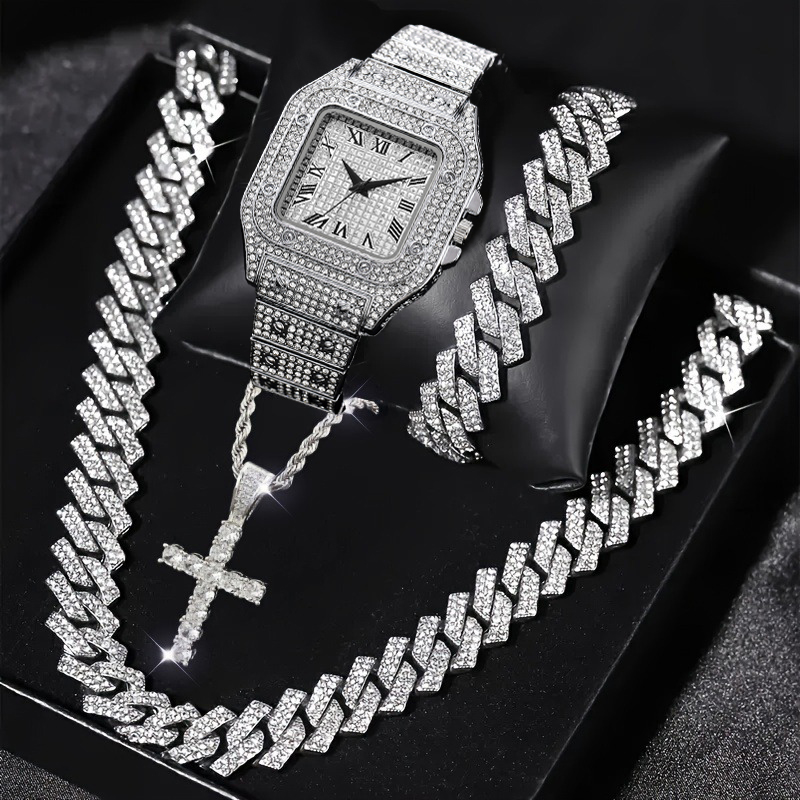 Luxury Watch Iceberg - 4-teiliges Set: Modische Iced-Out Herrenuhr mit